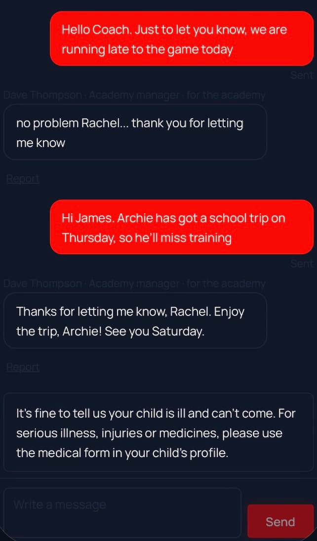 Chat screen from the Bierton FC demo reference